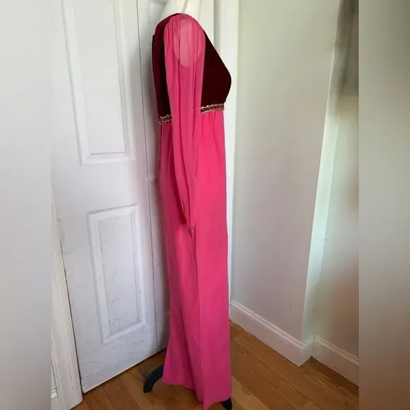1970s Fuchsia Pink and Red Velvet Holiday Cottagecore Maxi Dress - Picture 7 of 15